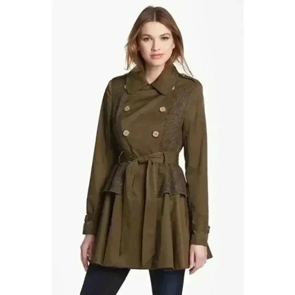 Steve Madden Tweed Panel Peplum Trench Coat Size Medium NWOT - Picture 3 of 16